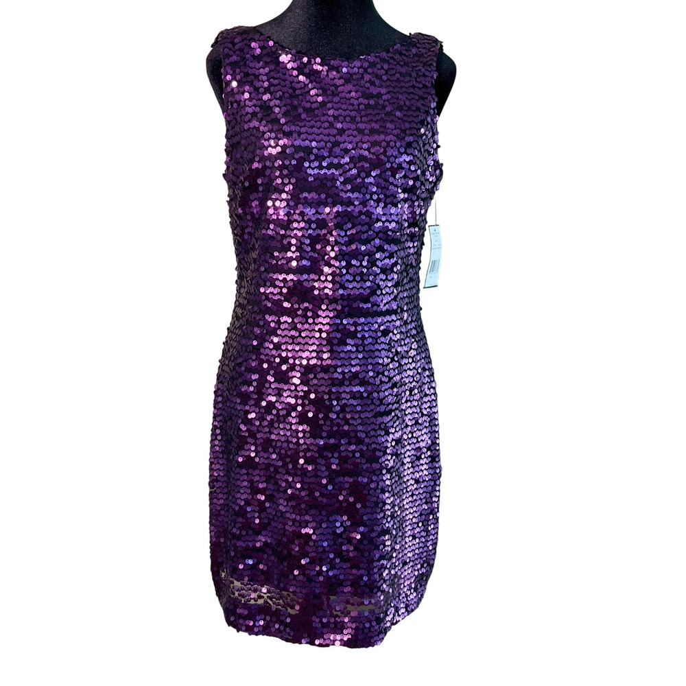 NWT Jessica Howard Sequin Mini Dress 8 Eggplant Purple Low V Back Cocktail Party